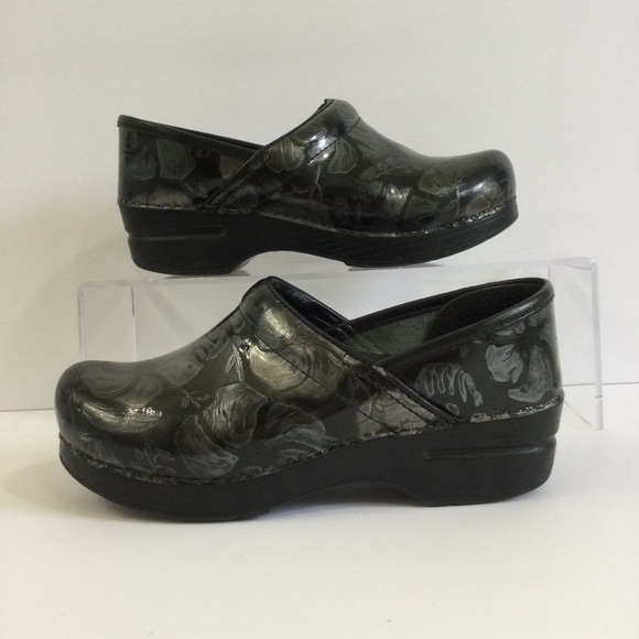 Dansko Clogs Black Patent Leather silver Floral 37 Professional Nursing slip on - Picture 1 of 8